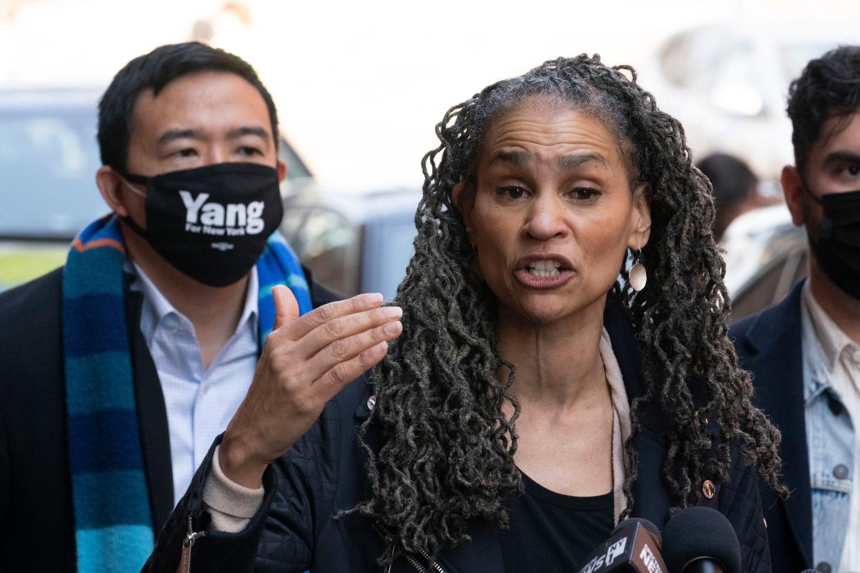 Democratic mayoral candidates Maya Wiley, right, and Andrew Yang, left, hold a news conference, Thursday, March 11, in the Dumbo neighborhood of New York. 