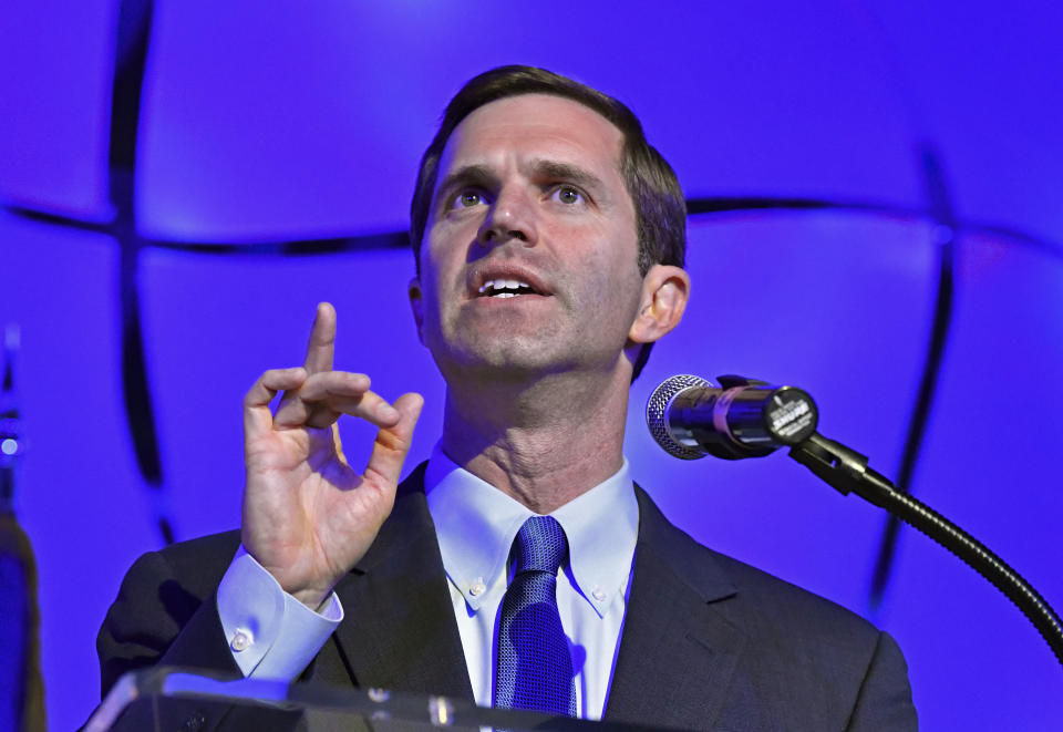 Kentucky Attorney General Andy Beshear addresses his supporters following his victory in the Democratic primary for governor in Louisville, Ky., Tuesday, May 21, 2019.