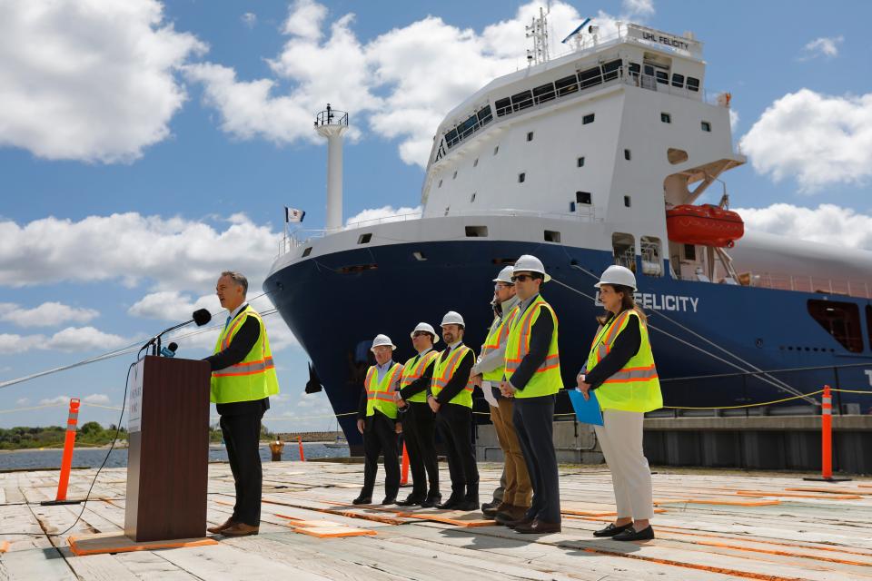 New Bedford mayor Jon Mitchell speaks at a press conference Thursday celebrating the first ship carrying turbine components for Vineyard Wind which arrived at the Marine Commerce Terminal in New Bedford Wednesday.