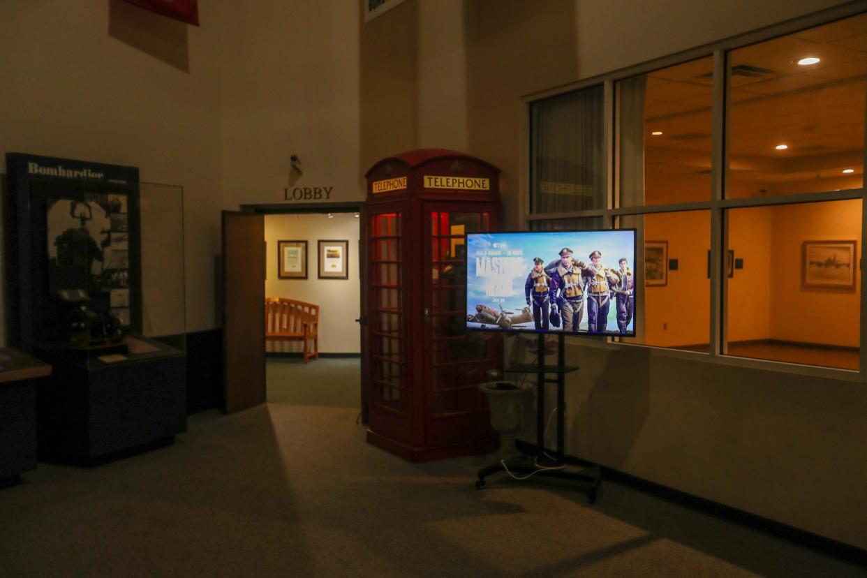 A preview for the Apple TV limited series, Masters of the Air is shown on a screen at the National Museum of the Mighty Eighth Air Force in Pooler, Georgia on Monday, January 8, 2024.