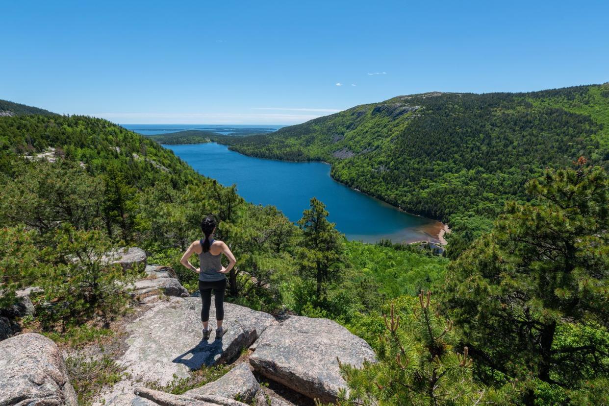 a man standing on a rock overlooking a body of water