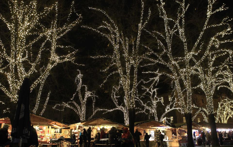 People visit a Christmas market in downtown Budapest