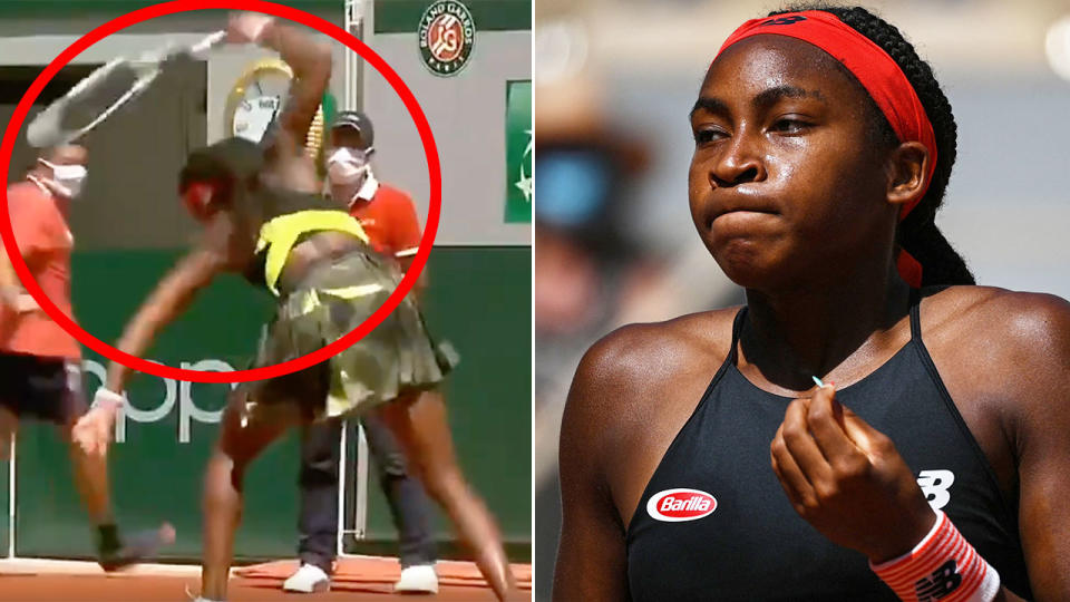 Pictured here, Coco Gauff smashes her racquet in anger at the French Open.