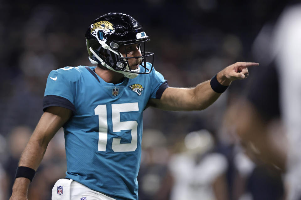 Jacksonville Jaguars quarterback Gardner Minshew (15) reacts in the second half of an NFL preseason football game against the New Orleans Saints in New Orleans, Monday, Aug. 23, 2021. (AP Photo/Brett Duke)