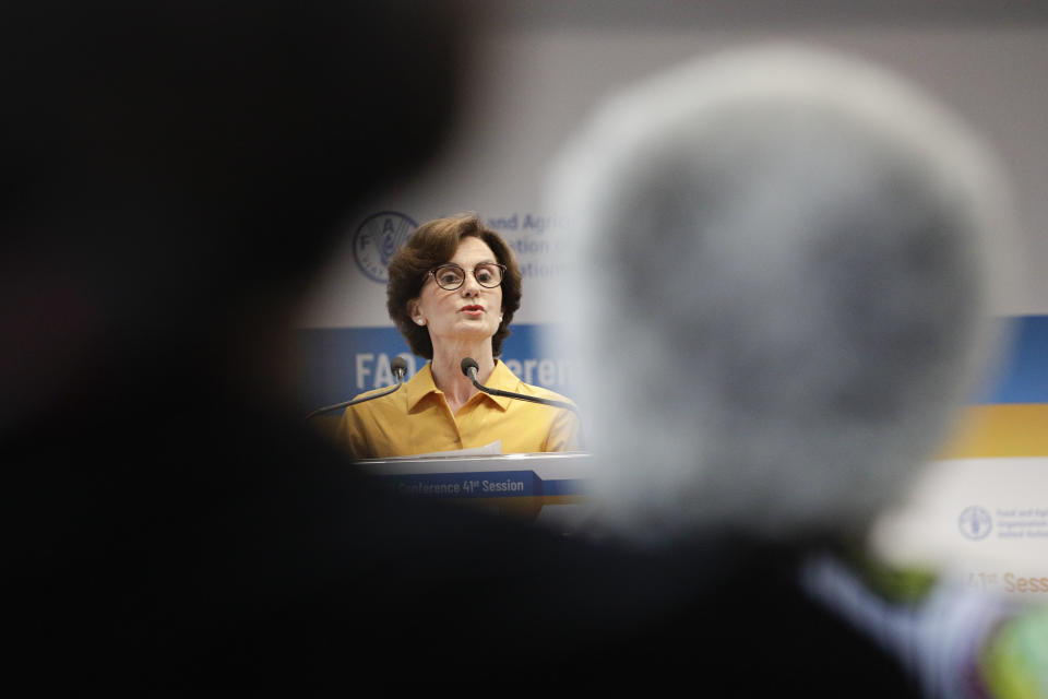 Catherine Geslain Lancelle, from France, one of the candidates for the Director-General position of the FAO (UN Food and Agriculture Organization), addresses a plenary meeting of the 41st Session of the Conference, at the FAO headquarters in Rome, Saturday, June 22, 2019. The new FAO Director-General will be voted on Sunday. (AP Photo/Andrew Medichini)