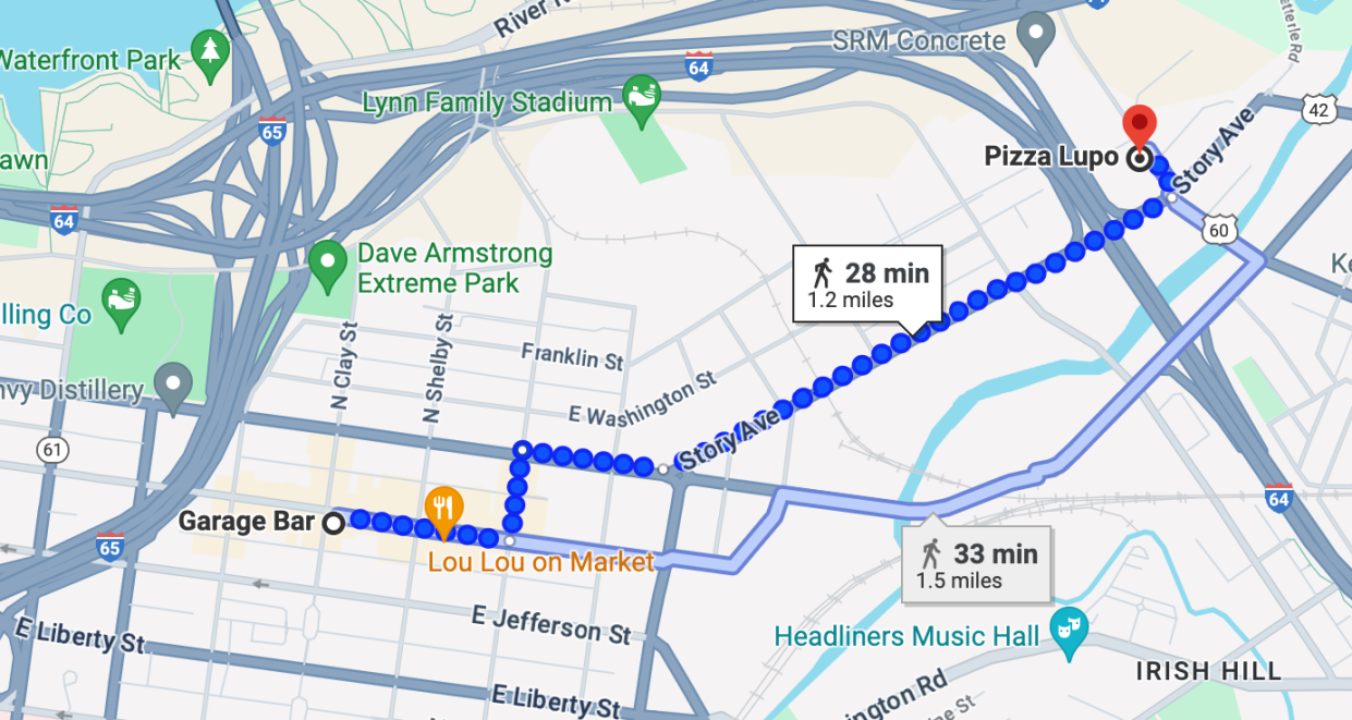 Walking instructions from Garage Bar to Pizza Lupo, via Google Maps.