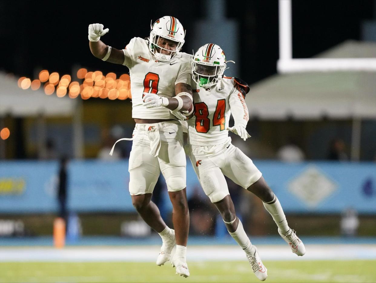 Florida A&M Rattlers linebacker Isaiah Major (left) and wide receiver Jalon Howard celebrate a special teams fumble recovery in a Southwestern Athletic Conference game versus the Southern Jaguars at A.W. Mumford Stadium in Baton Rouge, Louisiana, Saturday, October 7, 2023.