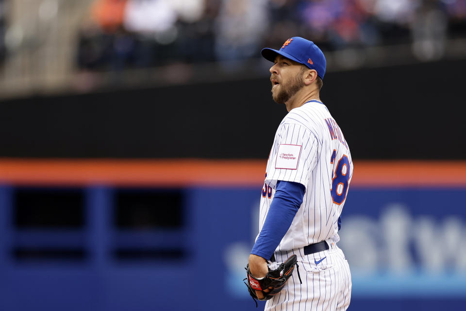 New York Mets pitcher Tylor Megill reacts during the first inning of a baseball game against the Miami Marlins on Friday, April 7, 2023, in New York. (AP Photo/Adam Hunger)