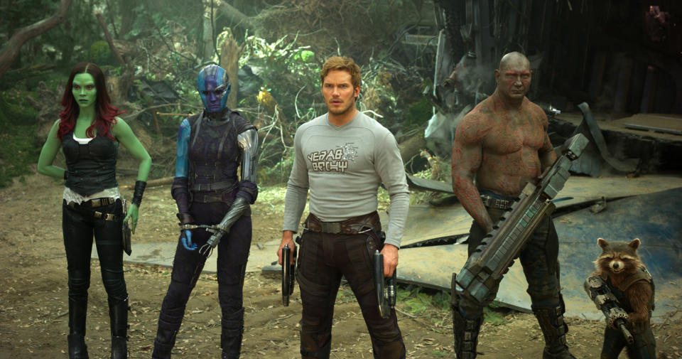 This image released by Disney-Marvel shows Zoe Saldana, from left, Karen Gillan, Chris Pratt, Dave Bautista and Rocket, voiced by Bradley Cooper, in a scene from, “Guardians Of The Galaxy Vol. 2.” (Disney-Marvel via AP)