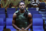 NFL free agent Antonio Brown appears at the Broward County Courthouse in Fort Lauderdale, Fla., via video link Friday, Jan. 24, 2020. Brown was granted bail on Friday after spending the night in a Florida jail. The wide receiver will have to pay a bond of $110,000, surrender his passport, wear a monitor, get mental health evaluation and pass random drug tests. He also can't have guns. Brown is accused of attacking the driver of a moving truck that carried some of his possessions from California. (Amy Beth Bennett/South Florida Sun Sentinel via AP, Pool)