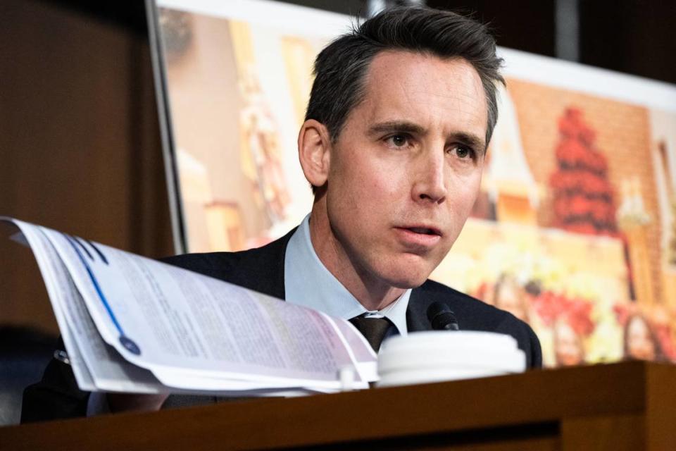 Sen. Josh Hawley, a Missouri Republican, asks questions as Attorney General Merrick Garland testifies in front of the Senate Judiciary Committee on March 1 in Washington. (Josh Morgan-USA TODAY)