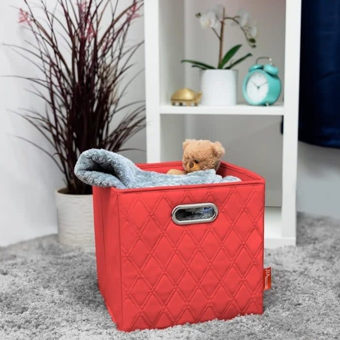 The red faux leather bin set