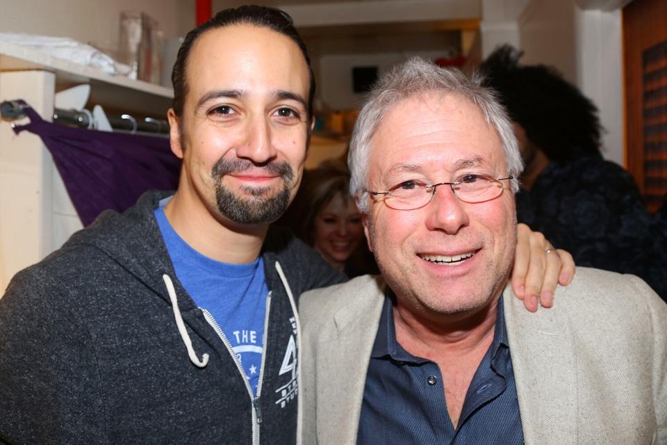 NEW YORK, NY - OCTOBER 10: (EXCLUSIVE ACCESS) Composer Lin-Manuel Miranda and Composer Alan Menken pose backstage at the hit musical "Hamilton" on Broadway at The Richard Rogers Theater on October 10, 2015 in New York City. (Photo by Bruce Glikas/FilmMagic)