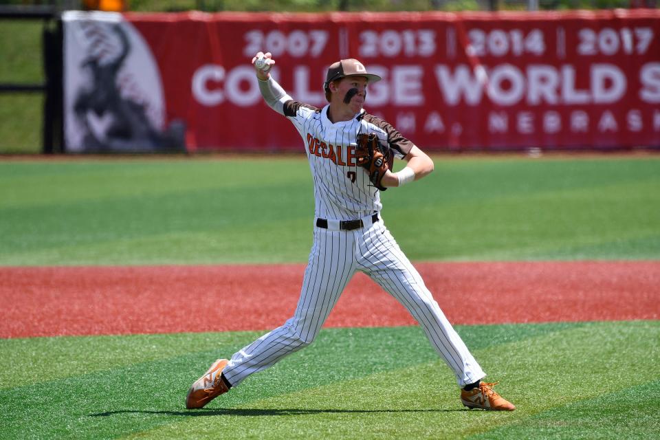 DeSales' Evan Brite (2) throws to first to get the runner out during their Sixth Region semifinal baseball game against Fern Creek, Saturday, May 28 2022 in Louisville Ky. DeSales won 1-0 and will advance to the regional championship game.