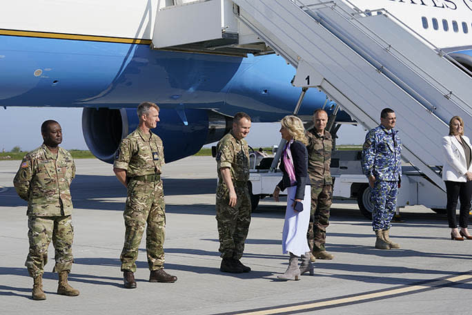 First lady Jill Biden is greeted as she arrives at the Mihail Kogalniceanu Air Base in Romania on May 6, 2022. - Credit: AP