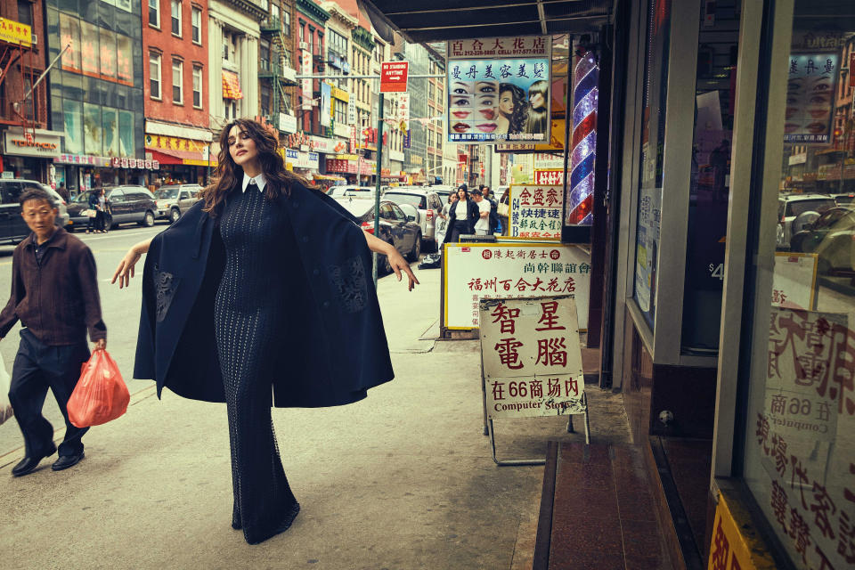 Wool cape with leather pockets, £2,400, Fendi (020-7927 4150); beaded tulle evening dress, £7,825, Ralph Lauren Collection (ralphlauren.co.uk)  - Credit: Francesco Carrozzini