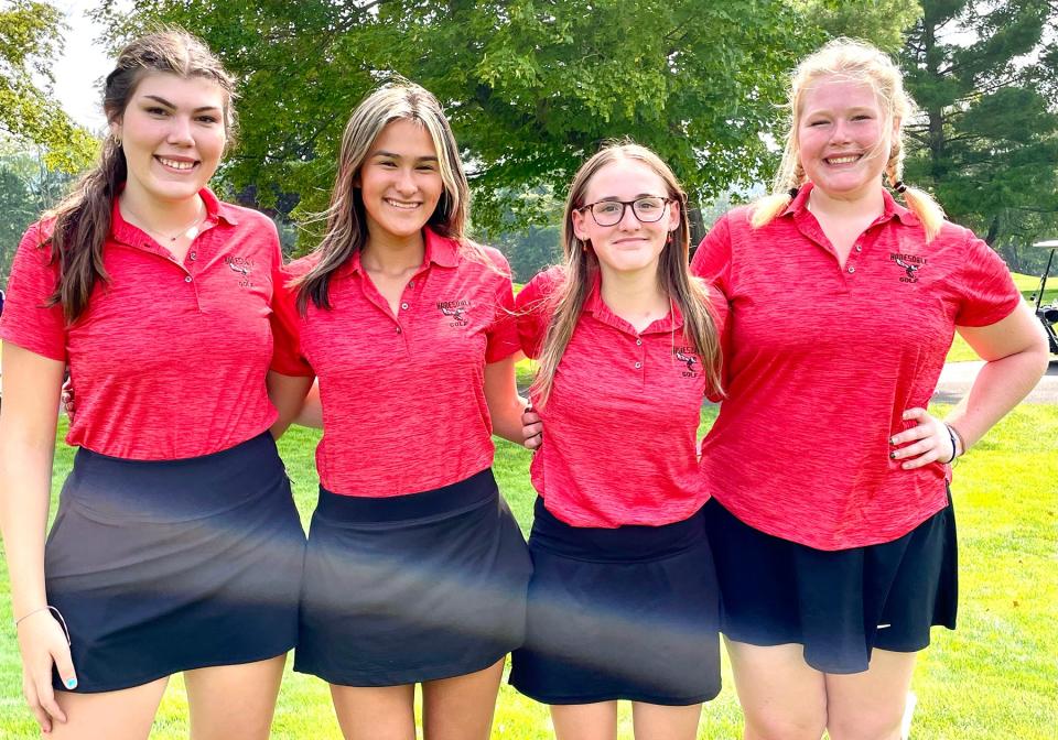 These four talented student-athletes battled their way to a runner-up finish as a team at the 2023 Simons Cup. The Lady Hornets finished behind North Pocono in the standings. Shown are (from left): Kayla Benson, Rebecca Dadig, Julie Saylor, Delaney Rowe.