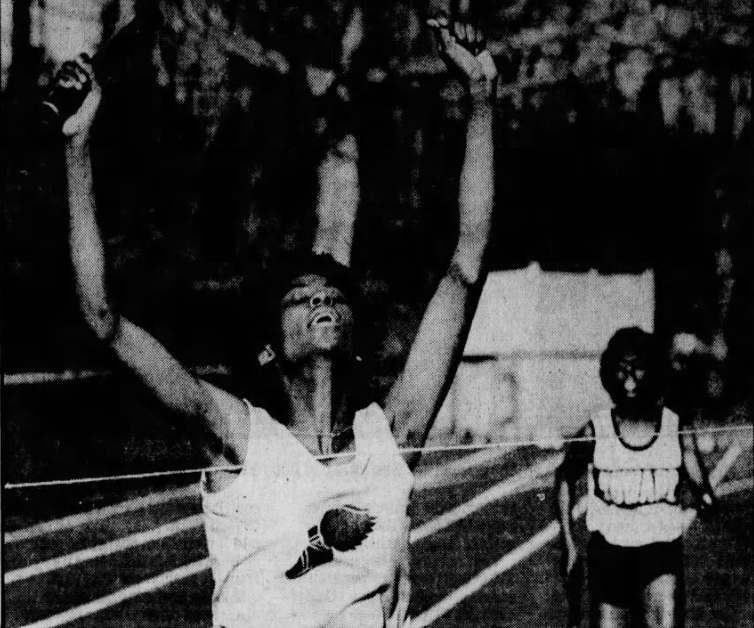 Terri Dendy celebrates after anchoring a Concord relay to a win in 1982.