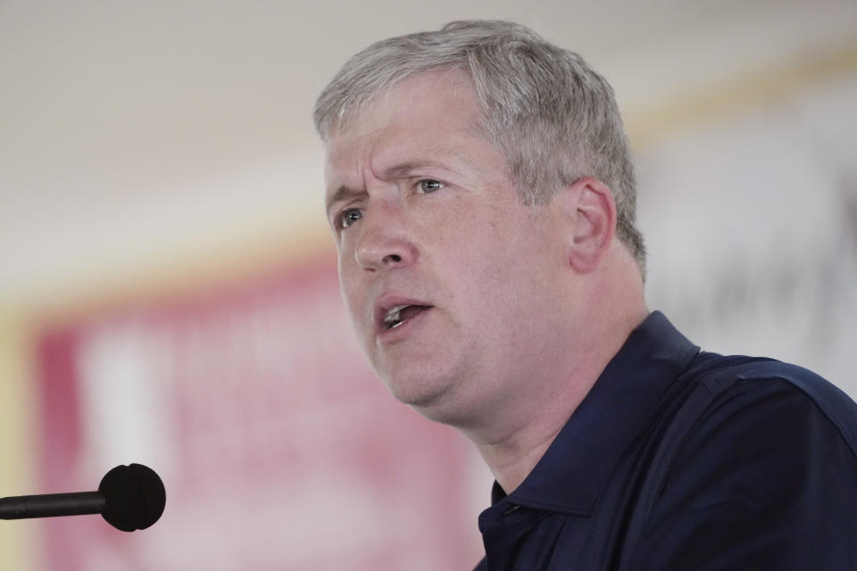 Republican State Treasurer David McRae addresses the crowd at the Neshoba County Fair in Philadelphia, Miss., Thursday, July 27, 2023. McRae seeks reelection in November. (AP Photo/Rogelio V. Solis)