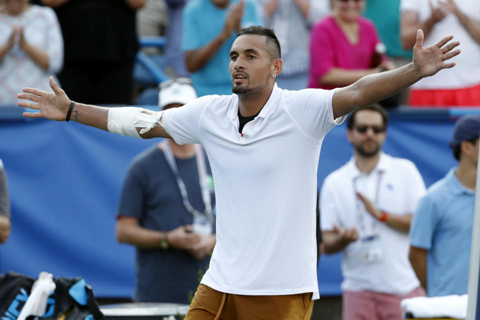 Nick Kyrgios, of Australia, reacts after defeating Daniil Medvedev, of Russia, in a final match at the Citi Open tennis tournament, Sunday, Aug. 4, 2019, in Washington. (AP Photo/Patrick Semansky)