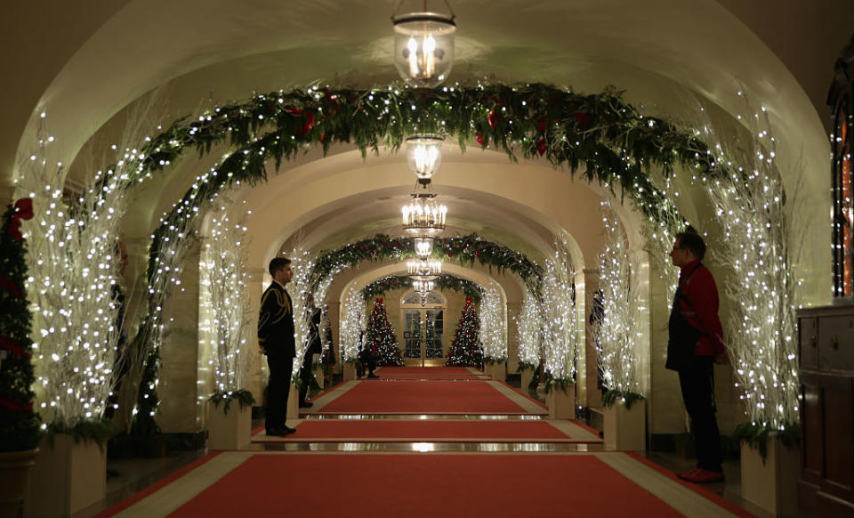 Holiday decorations are seen at a hallway of the White House December 3, 2014 in Washington, DC for the theme 