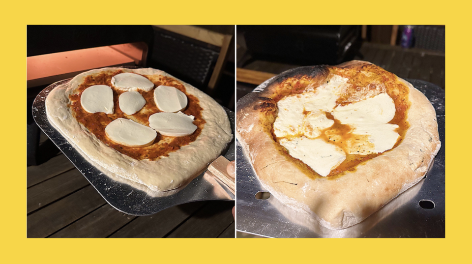 A tester shares a photo of a fresh pizza made using the Bertello Pizza Oven for Yahoo's Best Pizza Oven guide.