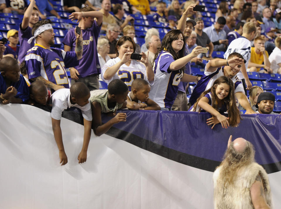 <p>Ragnar, mascot for the Minnesota Vikings performs during the second half of the game against the Tennessee Titans on August 29, 2013 at Mall of America Field at the Hubert H. Humphrey Metrodome in Minneapolis, Minnesota. (Photo by Hannah Foslien/Getty Images) </p>