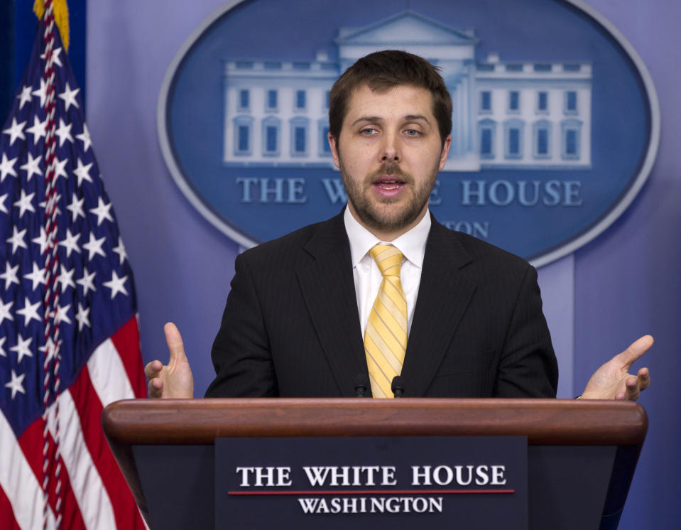 FILE - In this April 17, 2012 file photo, National Economic Council Deputy Director Brian Deese speaks during the daily news briefing at the White House in Washington. On Monday, the White House announced that President Barack Obama will nominate Deese as deputy budget director.  (AP Photo/Carolyn Kaster, File)