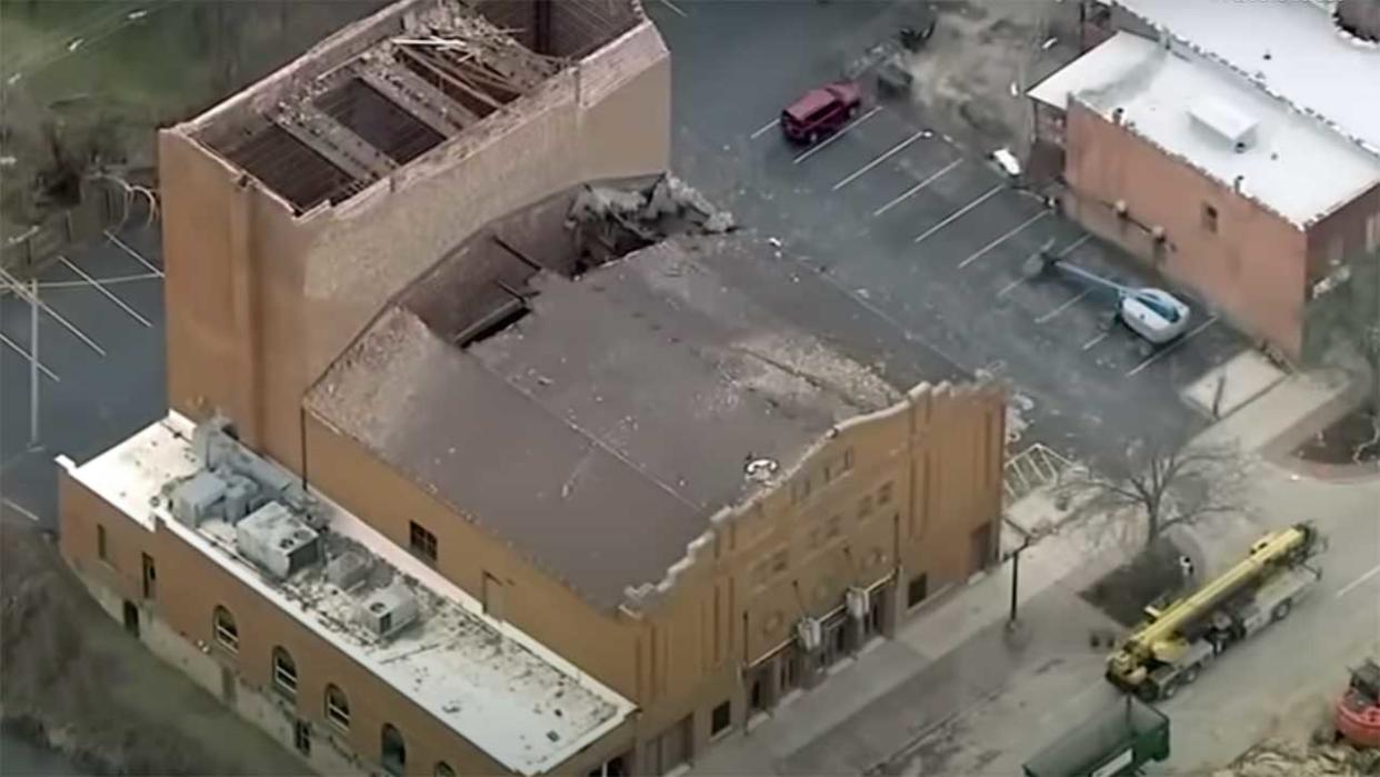  An aerial shot shot showing the damage to the roof of the Apollo Theater in Belvidere, Illinois 
