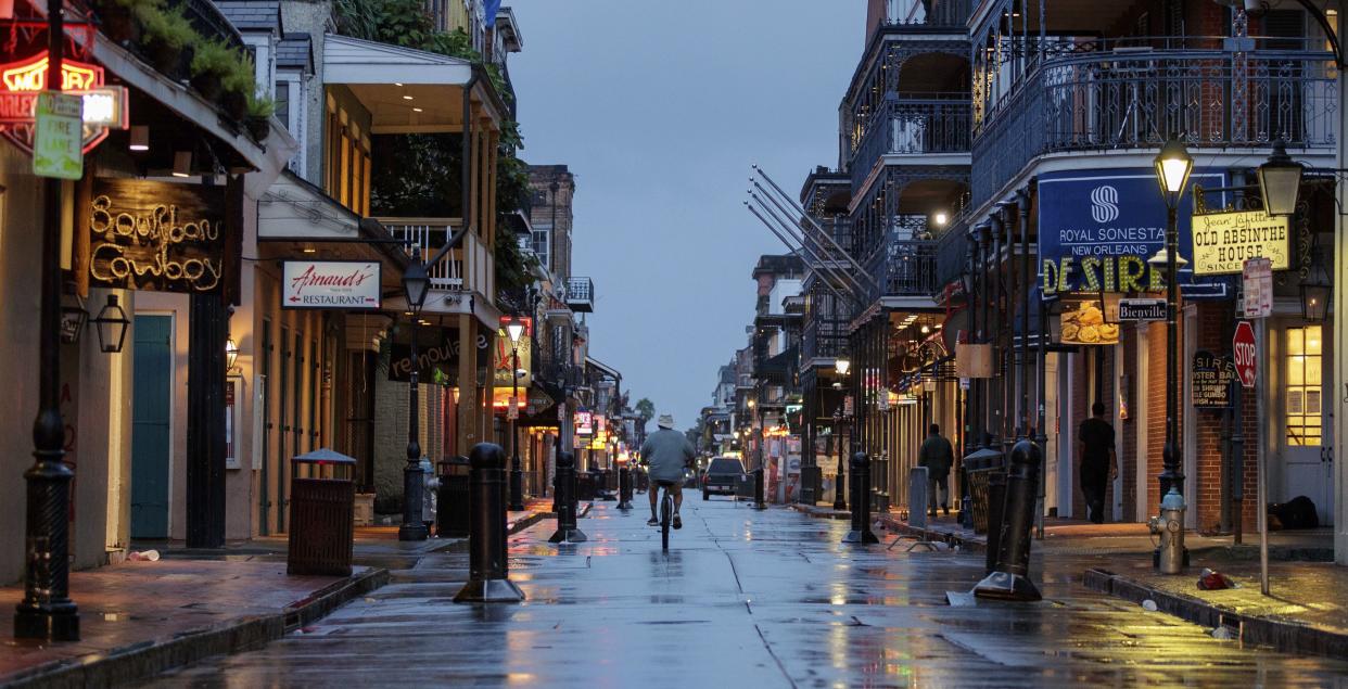 Bourbon Street is nearly empty ahead of Hurricane Ida in New Orleans on Sunday, Aug. 29, 2021.