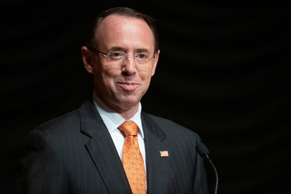 Deputy Attorney General Rod Rosenstein pauses while speaking Oct. 17, 2018, at the federal inspector general community's 21st annual awards ceremony, in Washington.