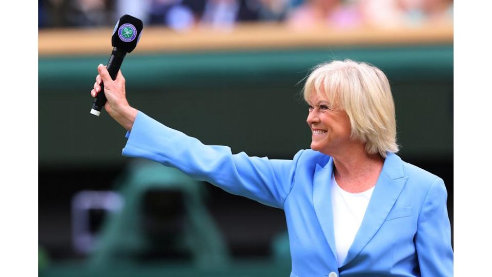 Sue Barker is introduced to the crowd at centre court for the 100 year celebration; 3rd July 2022