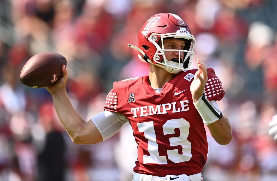 Sep 17, 2022; Philadelphia, Pennsylvania, USA; Temple Owls quarterback E.J. Warner (13) throws a pass in the first half against the Rutgers Scarlet Knights at Lincoln Financial Field. Mandatory Credit: Kyle Ross-USA TODAY Sports