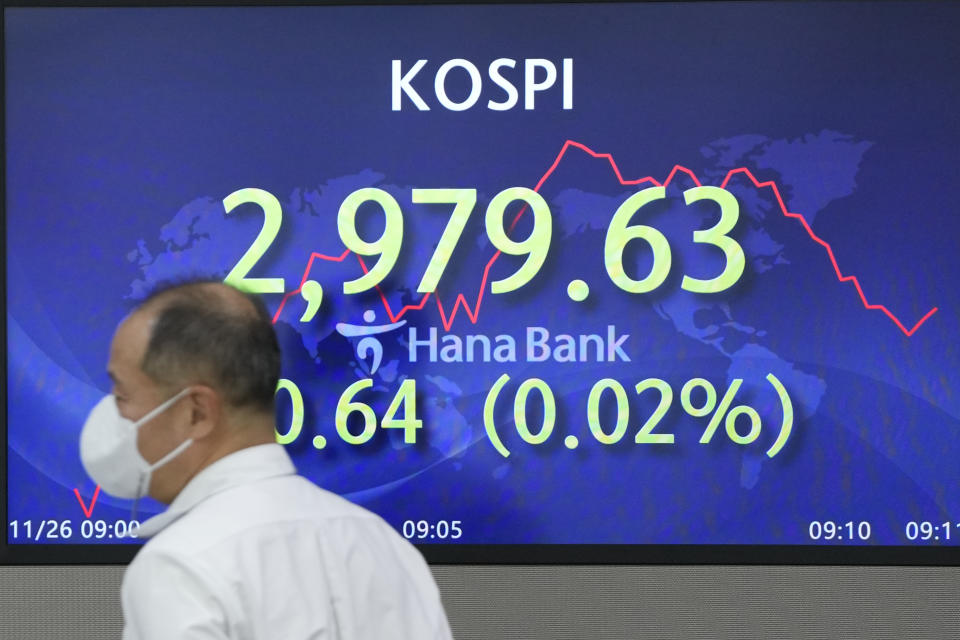 A currency trader walks by the screens showing the Korea Composite Stock Price Index (KOSPI) at a foreign exchange dealing room in Seoul, South Korea, Friday, Nov. 26, 2021. Asian stock markets sank Friday as traders watched a surge in coronavirus cases in Europe and anti-disease controls that threaten to disrupt trade and travel.(AP Photo/Lee Jin-man)