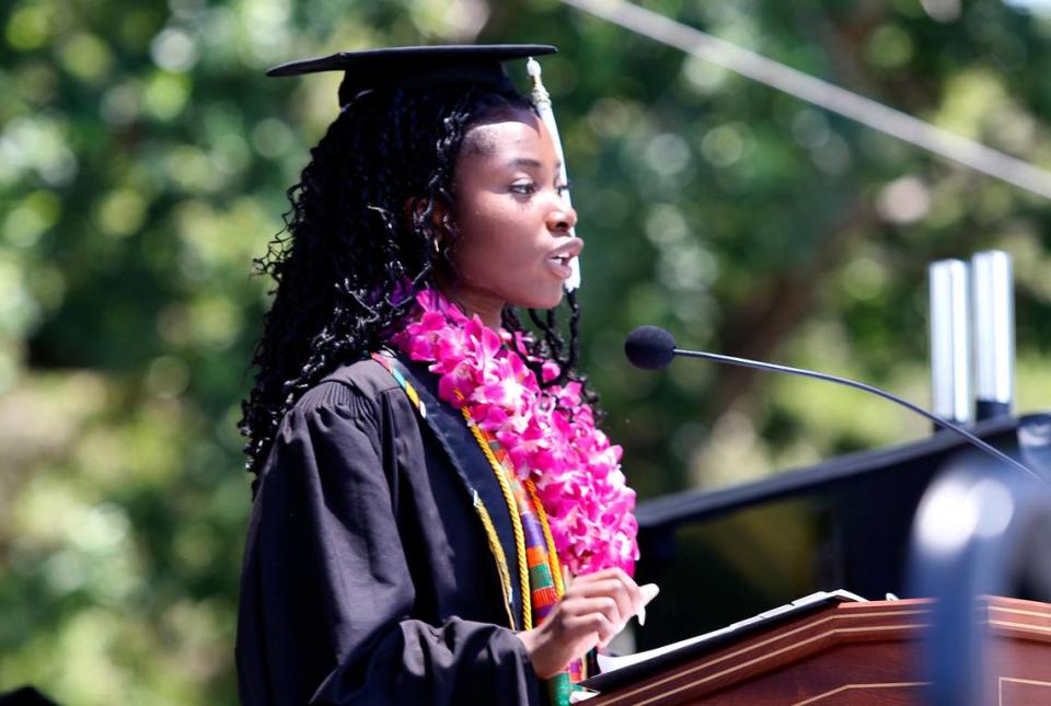 Gracie Babatola, president of the Associated Students Inc., presented a speech Saturday as Cal Poly honored more than 5,000 graduating students in six ceremonies on June 17 and 18, 2023, at Alex G. Spanos Stadium.