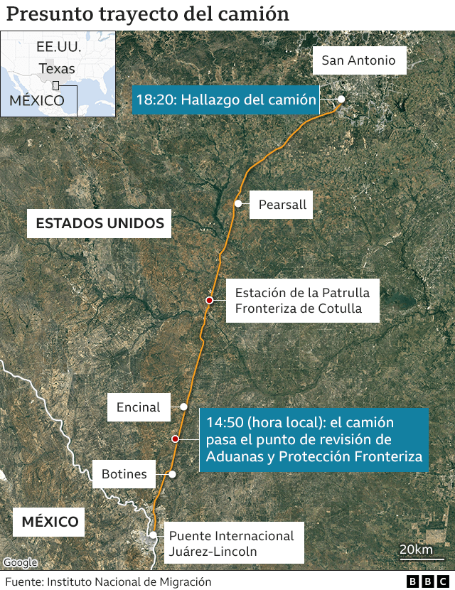 Mapa del presunto trayecto del camión