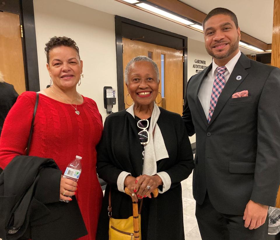 Springfield representatives, from left, City Councilor Zaida Govan, with musician Montenia Shider, and Rep. Orlando Ramos, testify before the Joint Committee on State Administration and Regulatory Oversight in support of naming an official jazz song for the state: "Massachusetts," as sung by Shider.