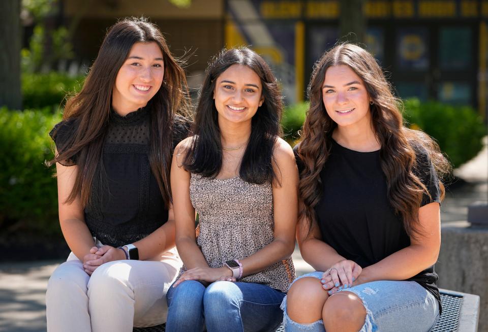 Jun 21, 2022; Lewis Center, OH, 43035;  Recent Olentangy High School graduates, from left, Sydney Shultz, Vaidehi Patel and Abby Purdy, lobbied to have a bill introduced in the state legislature that would require self defense training as part of the high school health curriculum. Mandatory Credit: Adam Cairns-The Columbus Dispatch