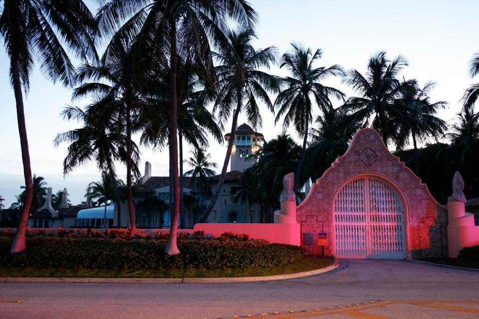 The entrance to former President Donald Trump's Mar-a-Lago estate is shown Monday in Palm Beach, Fla.