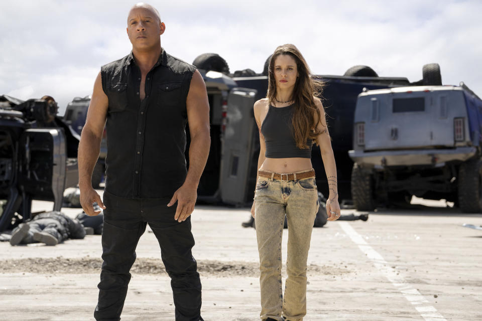This image released by Universal Pictures shows Vin Diesel, left, and Daniela Melchior in a scene from "Fast X." (Peter Mountain/Universal Pictures via AP)