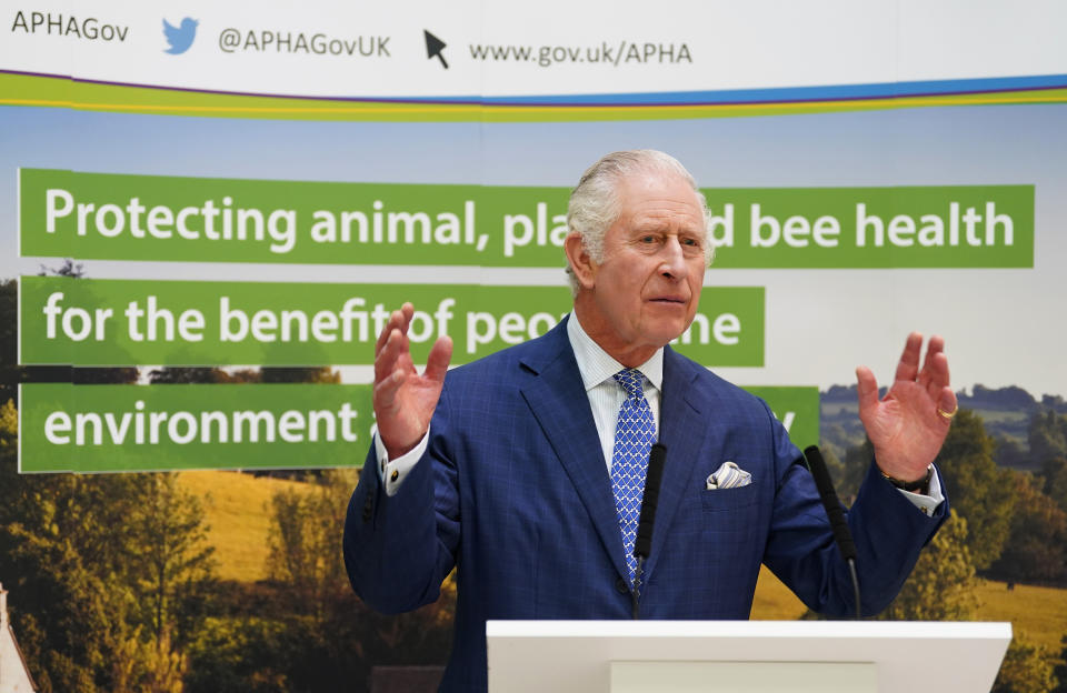 FILE - Britain's King Charles III speaks during a visit to the Animal and Plant Health Agency in Addlestone, England, Thursday March 9, 2023, to hear about the agency's work in protecting animal, plant and bee health and reducing the risk of new and emerging threats. (Andrew Matthews/Pool via AP, File)