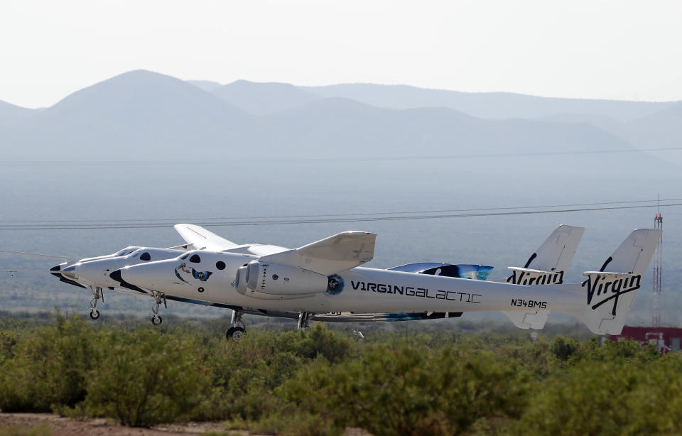 The rocket plane carrying Virgin Galactic founder Richard Branson and other crew members takes off from Spaceport America near Truth or Consequences, New Mexico, Sunday, July 11, 2021. (AP Photo/Andres Leighton)