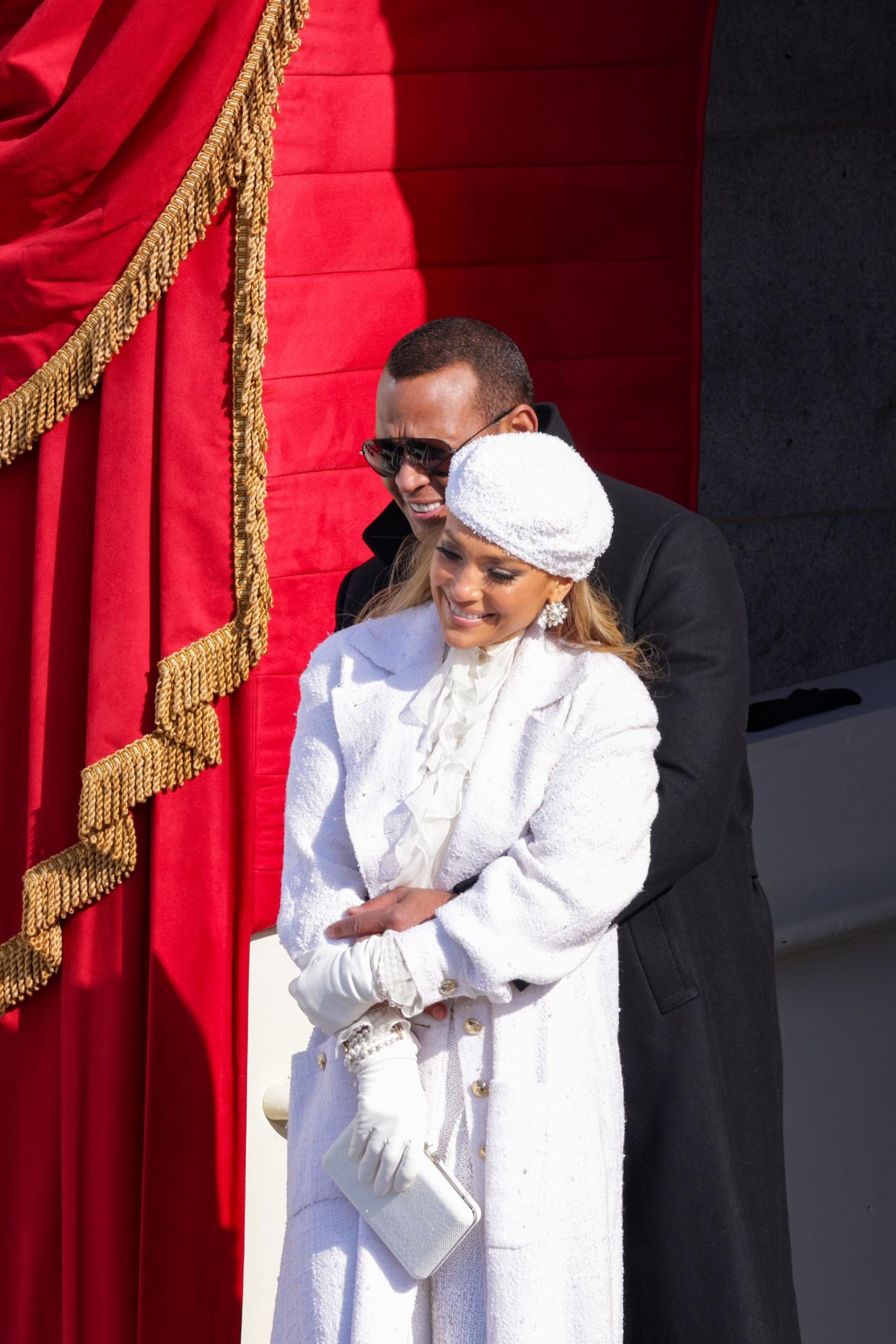 Jennifer Lopez and former New York Yankee Alex Rodriguez depart the inauguration of U.S. President Joe Biden on the West Front of the U.S. Capitol on Jan. 20, 2021, in Washington, DC.