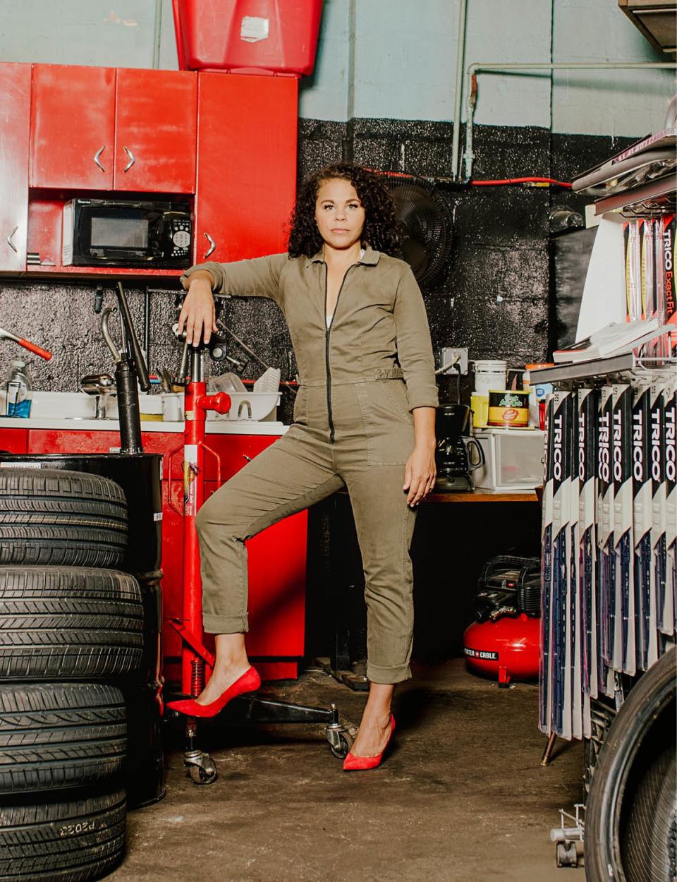 Ms. Fix-It Patrice Banks, owner of Girls Auto Clinic in Upper Darby, Pennsylvania, photographed in the car-repair shop.