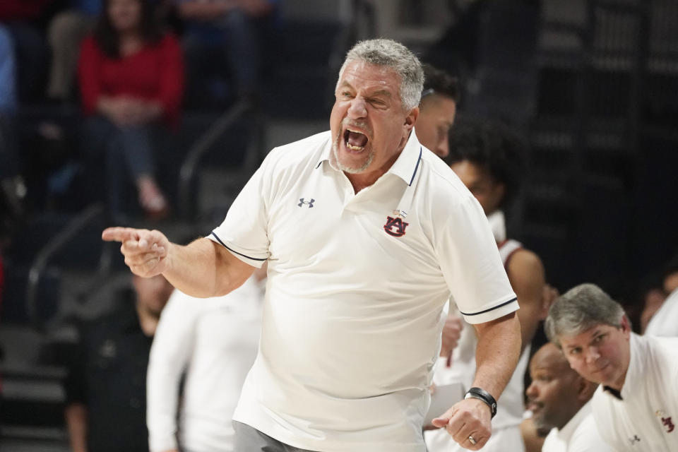 Auburn head coach Bruce Pearl reacts after an official's call during the second half of an NCAA college basketball game against Mississippi, Saturday, Feb. 3, 2024, in Oxford, Miss. (AP Photo/Rogelio V. Solis)