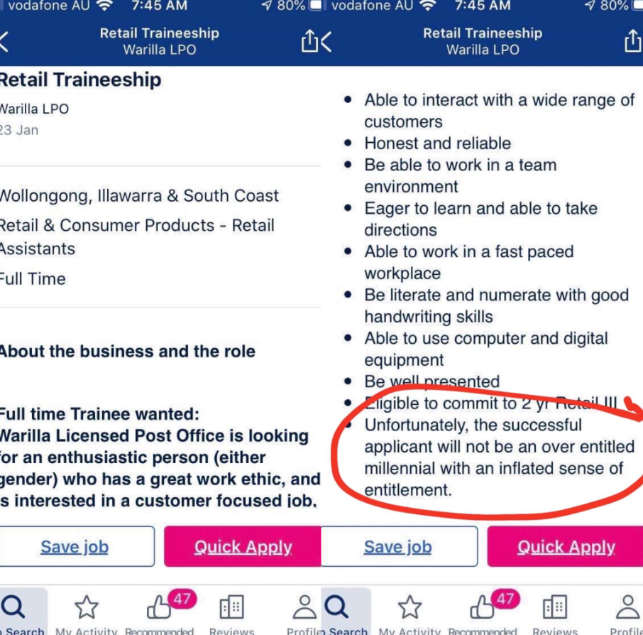 The job listing was copied and posted on social media, causing a stir online. Source: Reddit