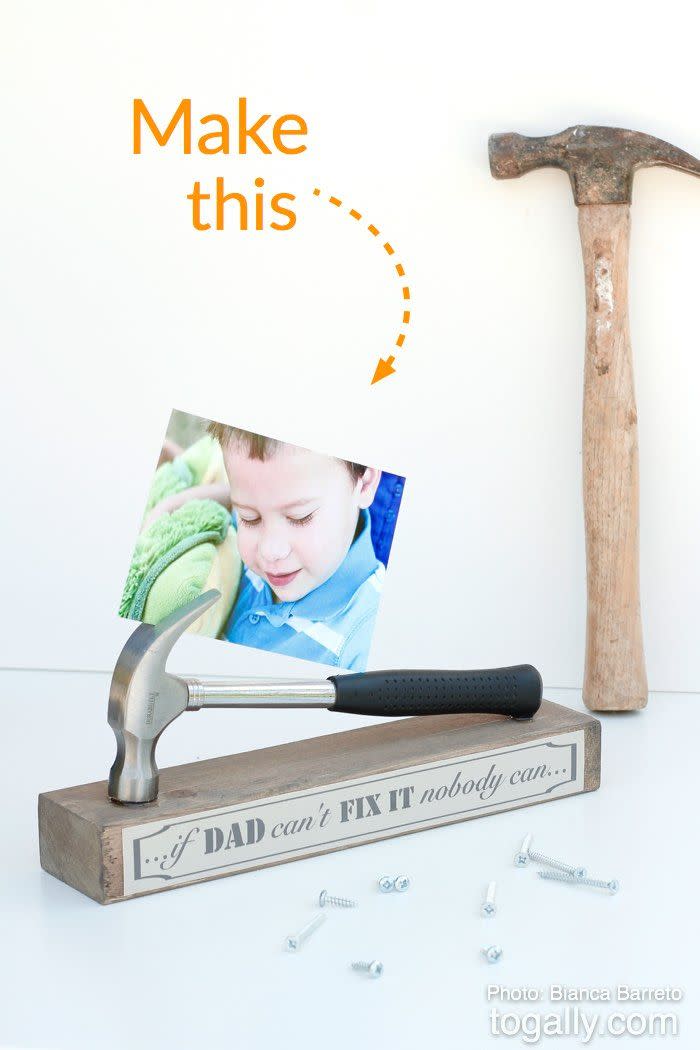 <p>Your handyman will love this stand made from an old hammer, wood base, glue, and construction paper. Use it showcase your favorite memory of Dad, a heartfelt card, or sweet photo. </p><p><a class="link " href="https://www.amazon.com/LAUYUT-Hammer-Straight-Woodworking-Repairing/dp/B09BKQFSV6?tag=syn-yahoo-20&ascsubtag=%5Bartid%7C10050.g.1171%5Bsrc%7Cyahoo-us" rel="nofollow noopener" target="_blank" data-ylk="slk:Shop Now">Shop Now</a></p>