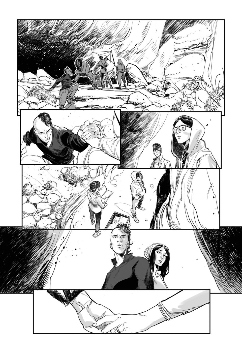 A page from Earthdivers #1 shows the young native heroes in a cave