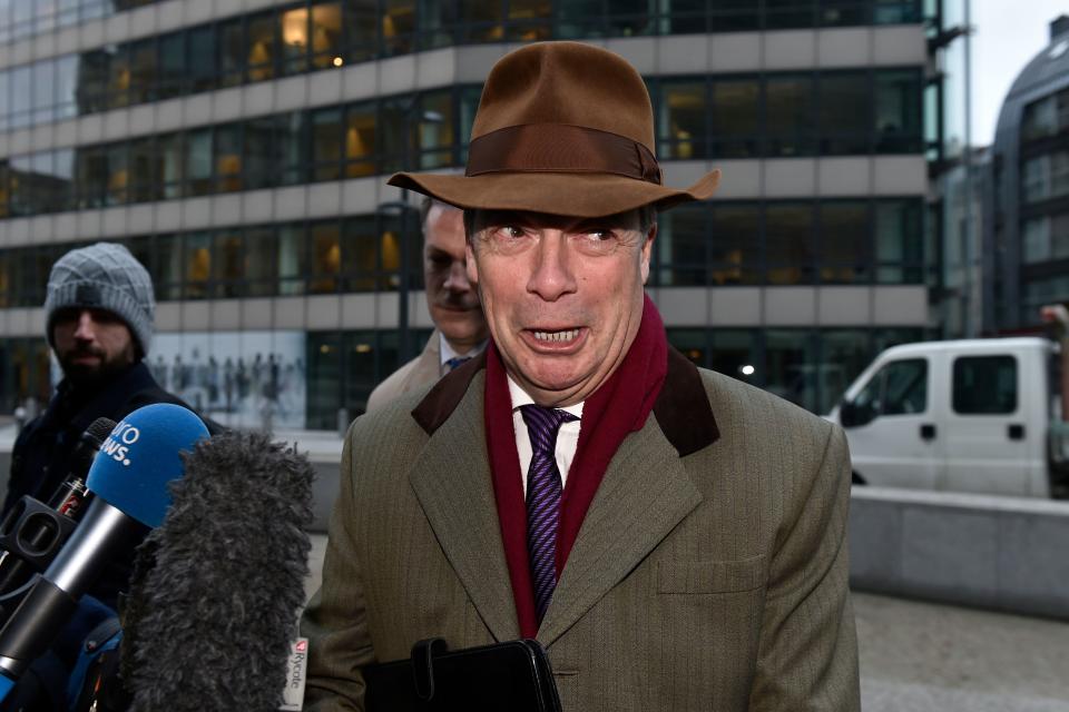 Former leader of UK Independence Party (UKIP) Nigel Farage speaks to journalists   as he arrives ahead of a meeting with European Commission member in charge of Brexit negotiations with Britain at the EU headquarters in Brussels on January 8, 2018. / AFP PHOTO / JOHN THYS        (Photo credit should read JOHN THYS/AFP/Getty Images)