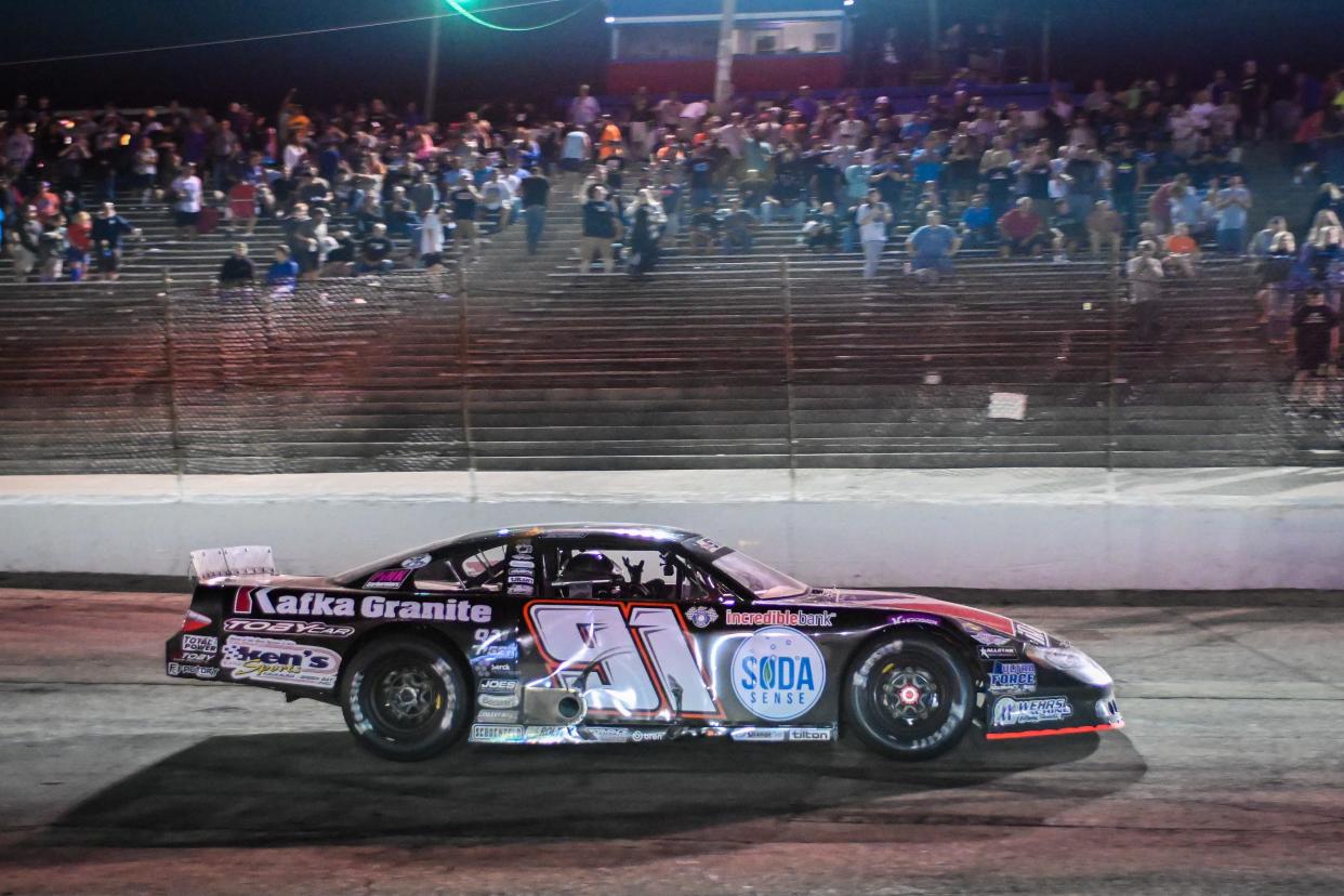 Ty Majeski waves to fans after winning in the 2023 Gandrud Auto Group 250.